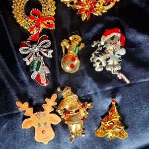 Vintage Christmas Brooch Lot of 8, signed Avon, TC, SF, AJMC, Rhinestones Enamel